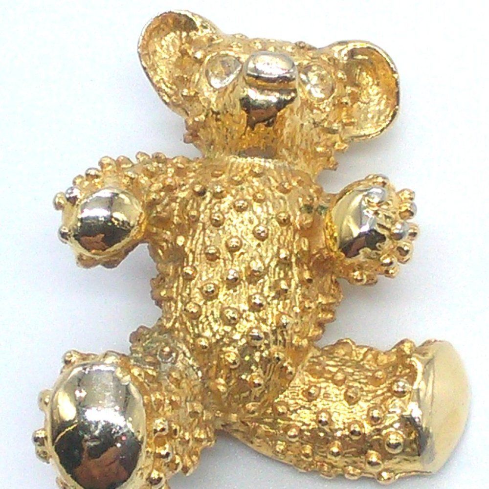 Vintage AAi Signed Textured Teddy Bear Brooch Pin Gold-tone w Rhinestone Eyes
